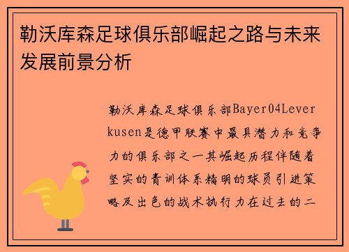 勒沃库森足球俱乐部崛起之路与未来发展前景分析