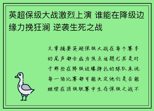 英超保级大战激烈上演 谁能在降级边缘力挽狂澜 逆袭生死之战