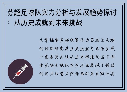苏超足球队实力分析与发展趋势探讨：从历史成就到未来挑战