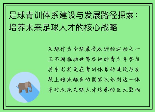 足球青训体系建设与发展路径探索：培养未来足球人才的核心战略