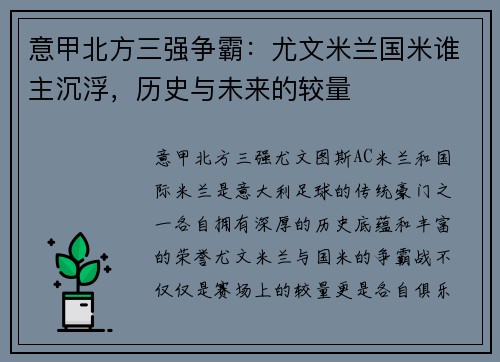意甲北方三强争霸：尤文米兰国米谁主沉浮，历史与未来的较量