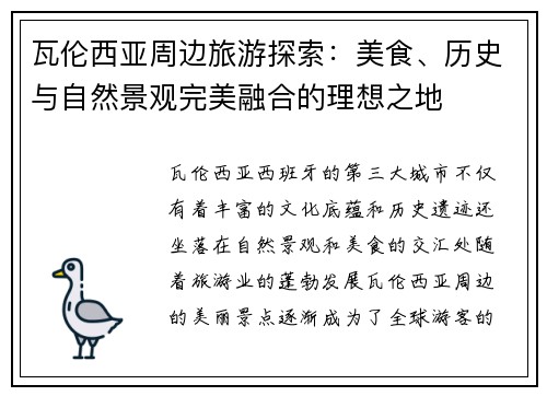 瓦伦西亚周边旅游探索：美食、历史与自然景观完美融合的理想之地