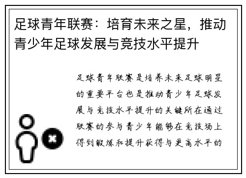 足球青年联赛：培育未来之星，推动青少年足球发展与竞技水平提升