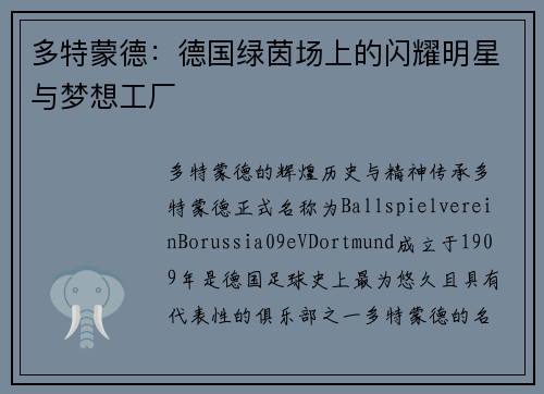 多特蒙德：德国绿茵场上的闪耀明星与梦想工厂