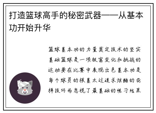 打造篮球高手的秘密武器——从基本功开始升华